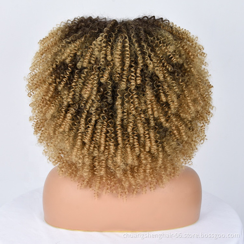 Wholesale ombre blonde afro wig African toupee with bangs short kinky curly hair synthetic wig for black women curly wigs